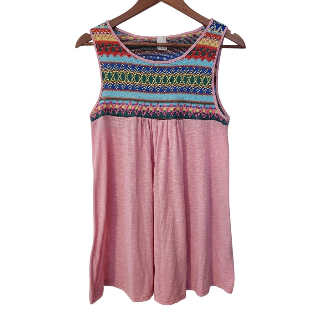 Sun & Moon Womens Multicolor Embroidered Festival Boho Baby Doll Tank Top Sz L